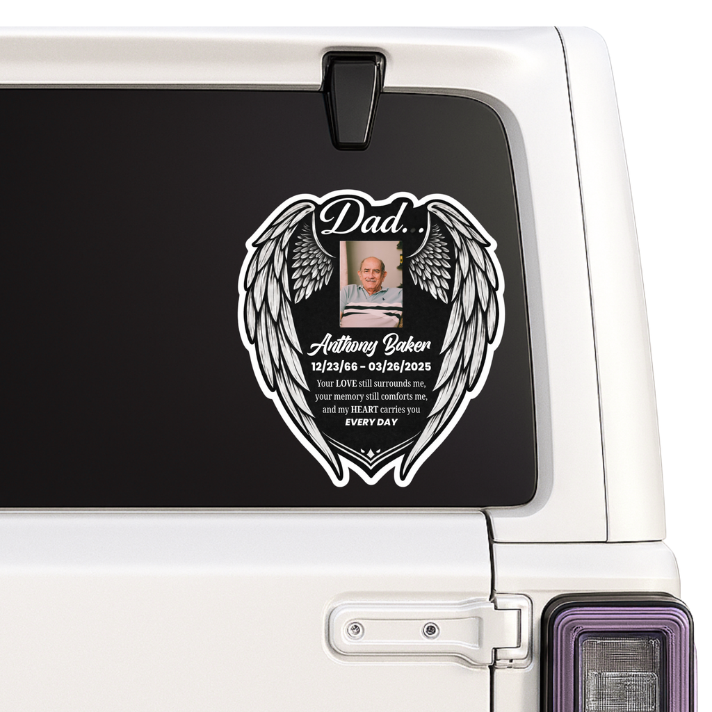 Personalized Dad Memorial Photo Sticker – Angel Wings Car Window Tribute