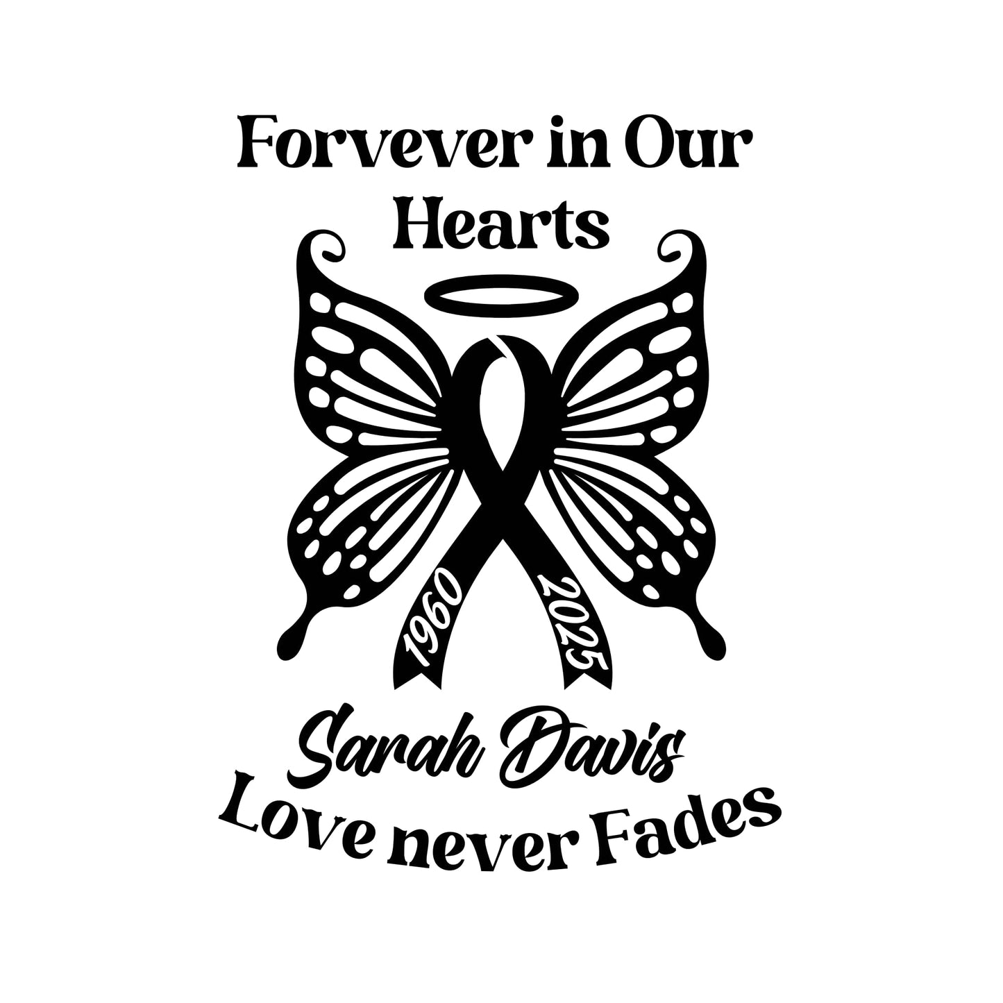 Personalized Ribbon Memorial & Butterfly Car Decal | Forever in Our Hearts | Customizable Name and Dates | Love Never Fades - Nostalgi Factory