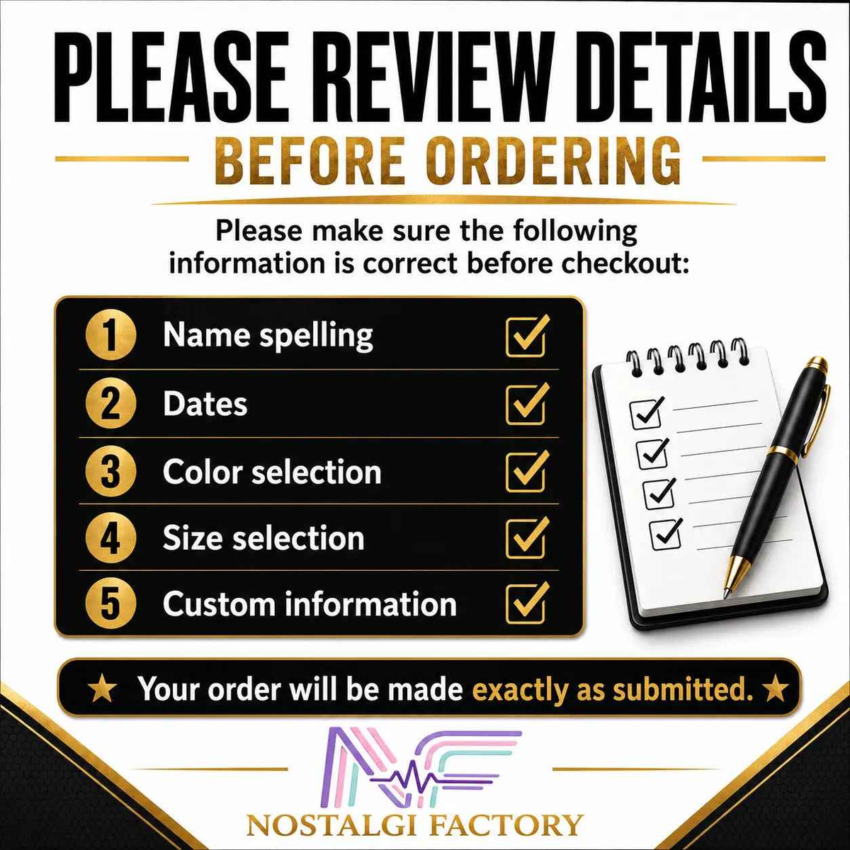 Order confirmation screen with checklist and pen, featuring Nostalgi Factory logo.