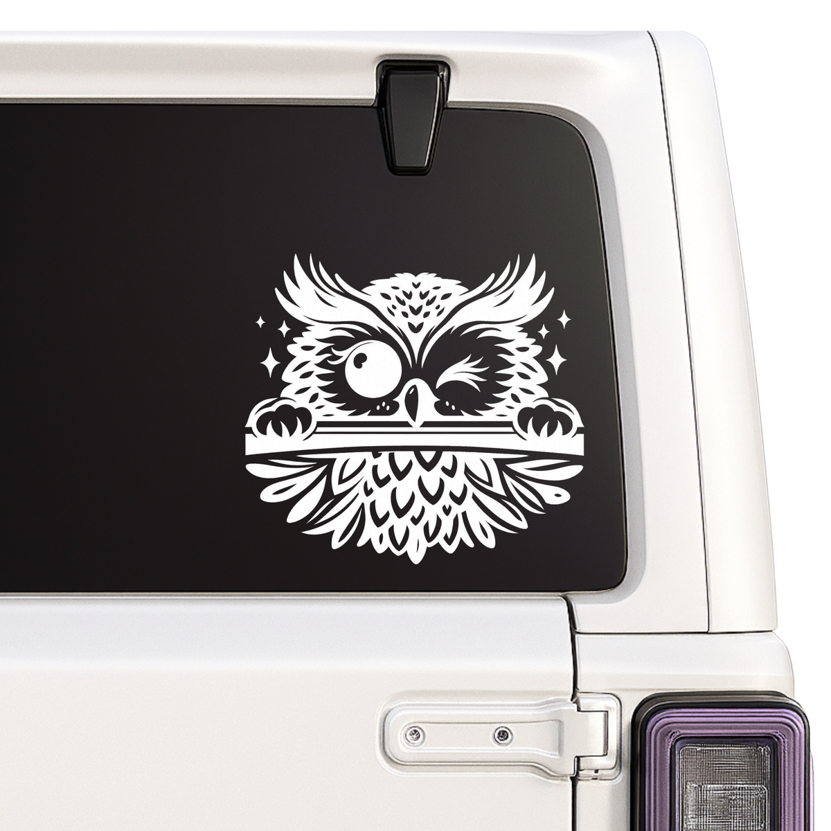 White owl design on a black car window