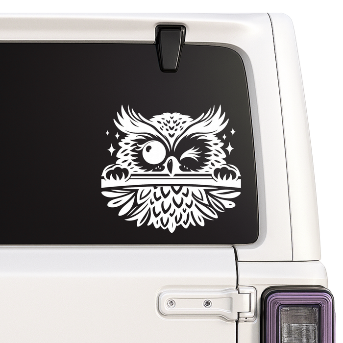 White owl design on a black car window