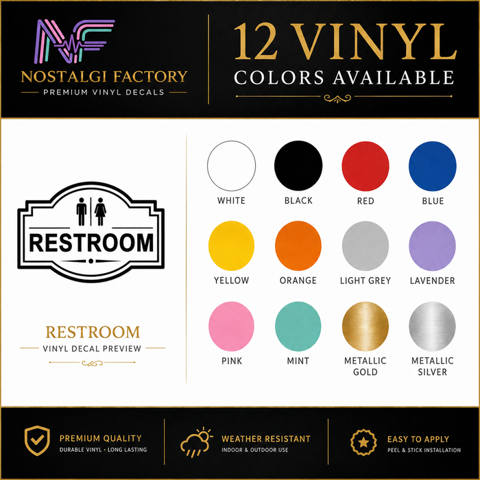 Elegant Vinyl Restroom Door Sign | Black with Decorative Border | Multiple Colors and Sizes Available | Bathroom Decals Sticker Nostalgi Factory