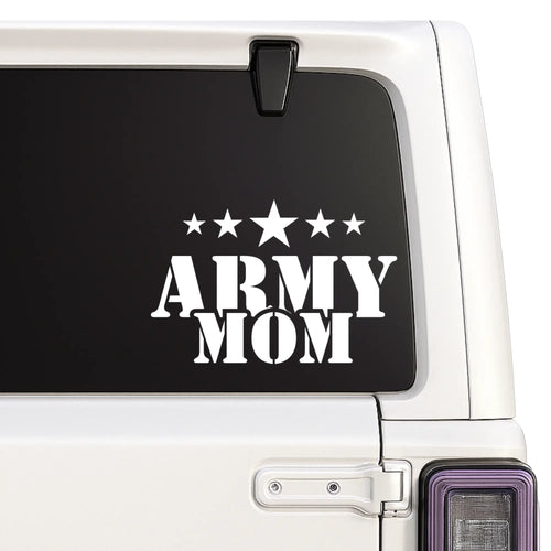 Car window with 'ARMY MOM' decal featuring stars on a black background