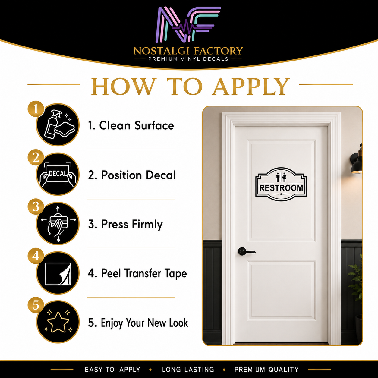 Elegant Vinyl Restroom Door Sign | Black with Decorative Border | Multiple Colors and Sizes Available | Bathroom Decals Sticker Nostalgi Factory