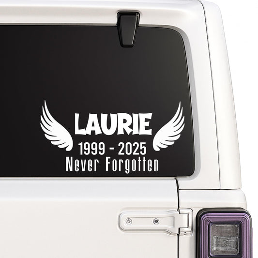 Angel Wing Name Decal | Personalized Memorial Decals for Memory Boxes | Cars | Mirrors | Vases | Lanterns | Tumblers | Water Bottles | Laptops | Design 2