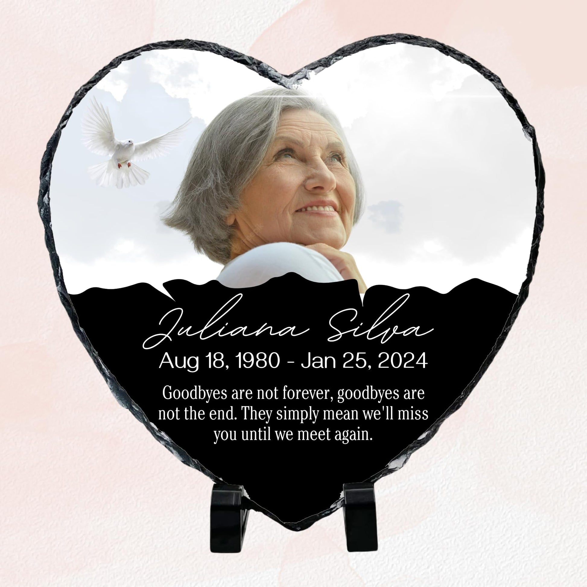 Personalized Memorial Heart Photo Slate | 2 designs | 7.87 x 7.87 inches | Natural Rock with Display Stand Included - Nostalgi Factory