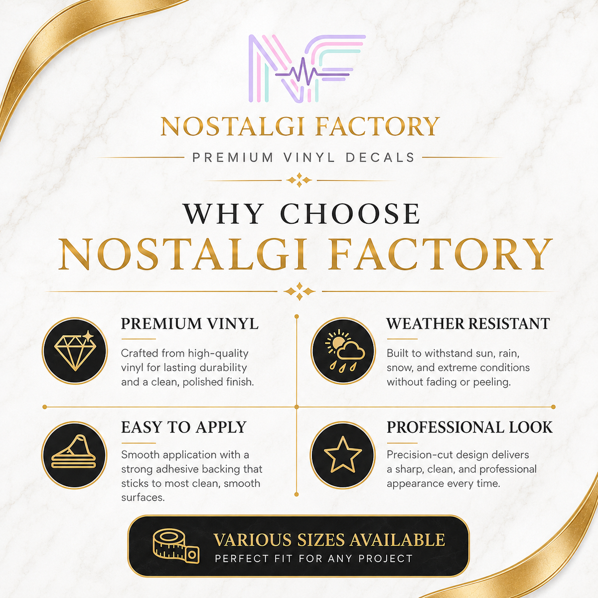 Promotional graphic for Nostalgi Factory vinyl decals with features and benefits.