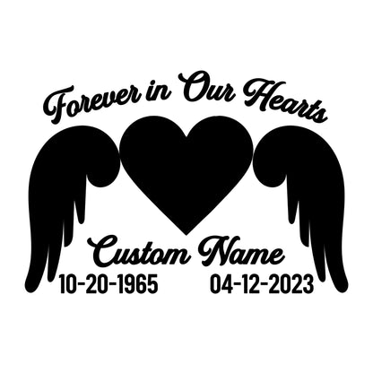 Custom Memorial Car Decal | Forever in Our Hearts Design with Angel Wings | Personalized Vinyl Sticker | 5 Color Options - Nostalgi Factory