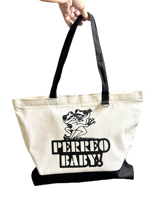 Perreo Baby Canvas Tote Bag | Black and White | 18.5x15x3.9 inches | Reinforced Bottom with Inner Pocket | Dancing Frogs Perreo | Puerto Rico | Coqui Couples Dancing - Nostalgi Factory