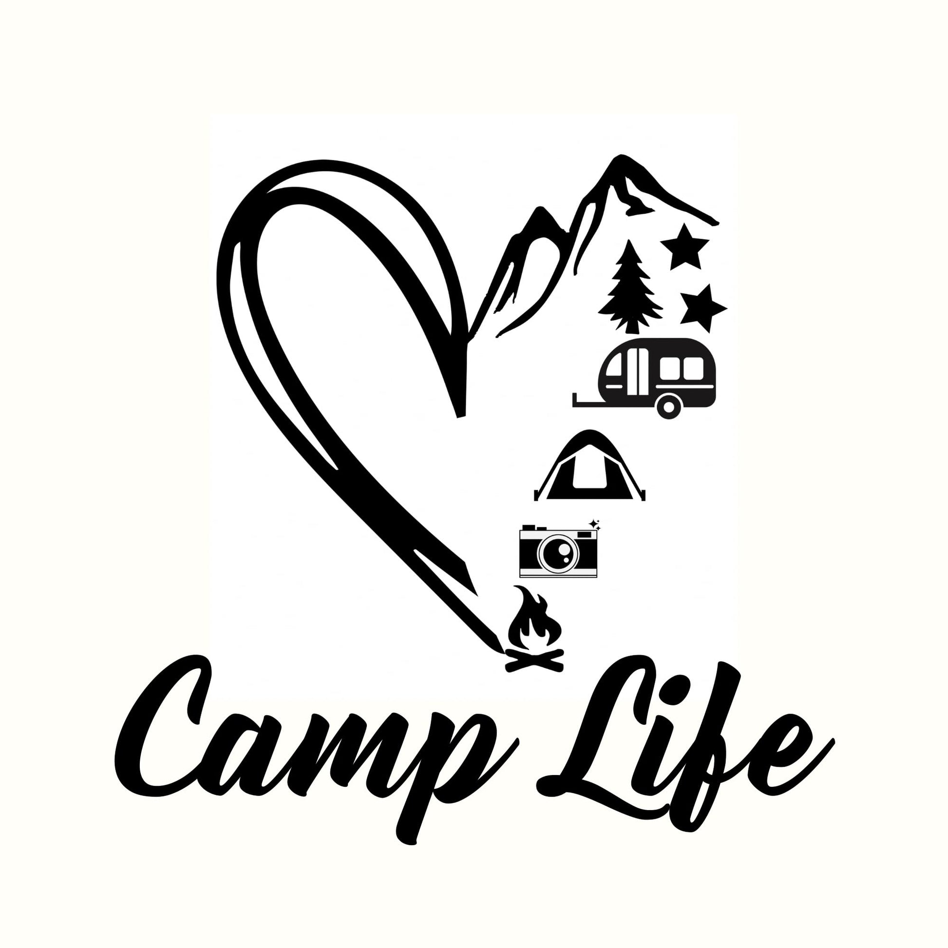 Camp Life Vinyl Decal | Outdoor Adventure Design with Heart | 5 Color Options | Permanent Adhesive for Cars - Nostalgi Factory