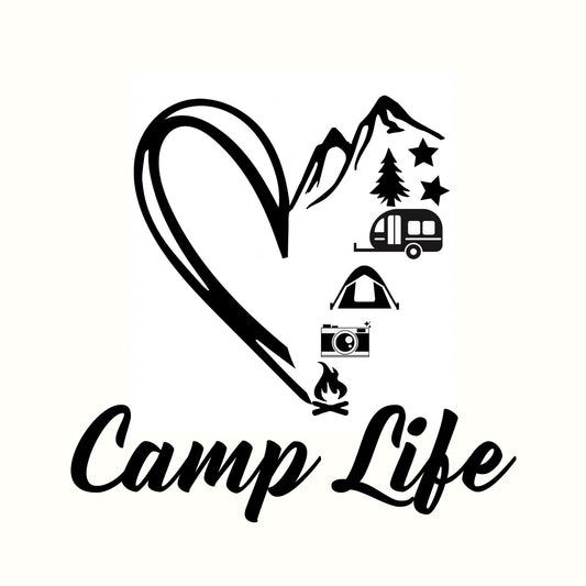 Camp Life Vinyl Decal | Outdoor Adventure Design with Heart | 5 Color Options | Permanent Adhesive for Cars - Nostalgi Factory