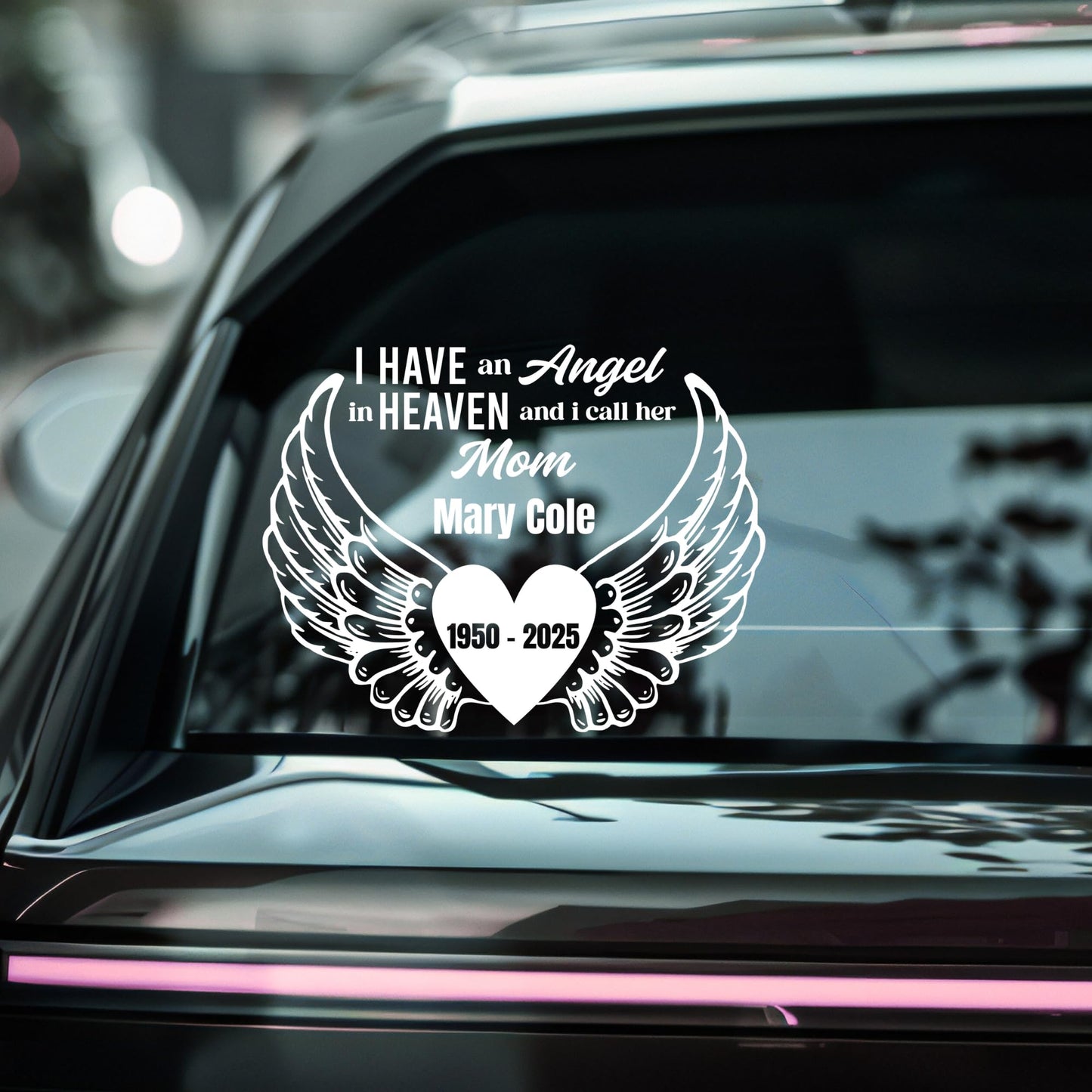 Personalized Memorial Car Decal | Angel Wings Mom Design | Multiple Colors - Nostalgi Factory