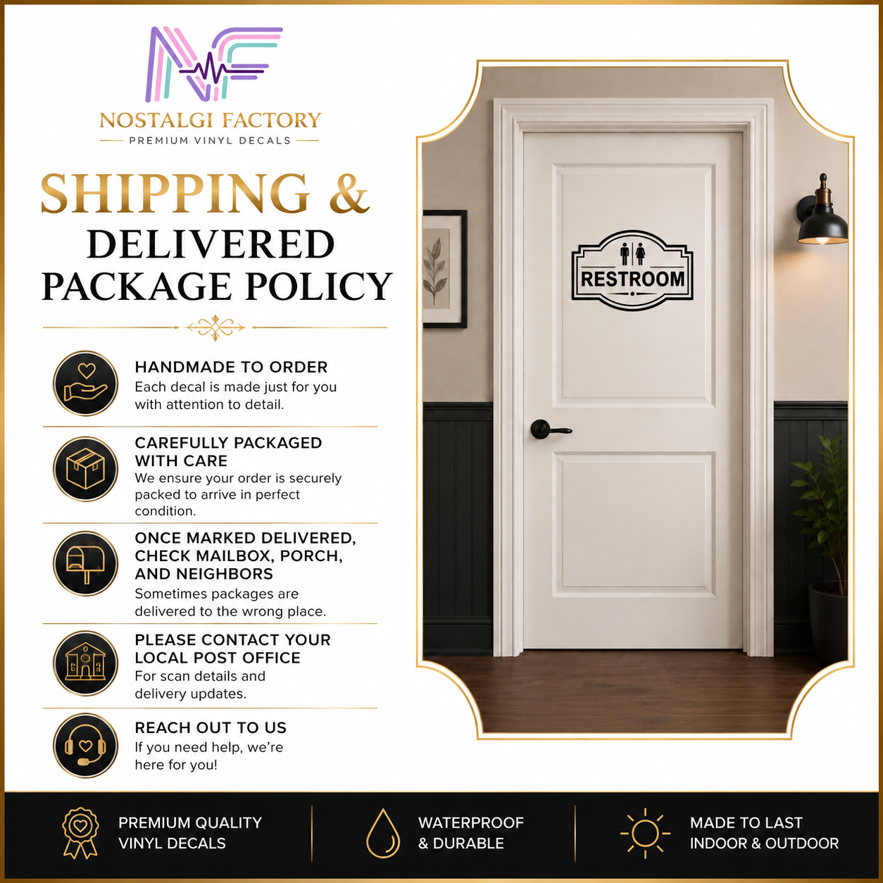 Elegant Vinyl Restroom Door Sign | Black with Decorative Border | Multiple Colors and Sizes Available | Bathroom Decals Sticker Nostalgi Factory