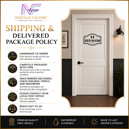 Elegant Vinyl Restroom Door Sign | Black with Decorative Border | Multiple Colors and Sizes Available | Bathroom Decals Sticker Nostalgi Factory