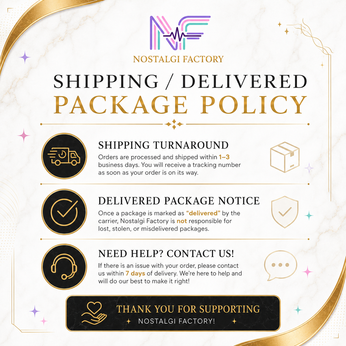 Nostalgi Factory shipping and delivered package policy on a white background with gold accents.