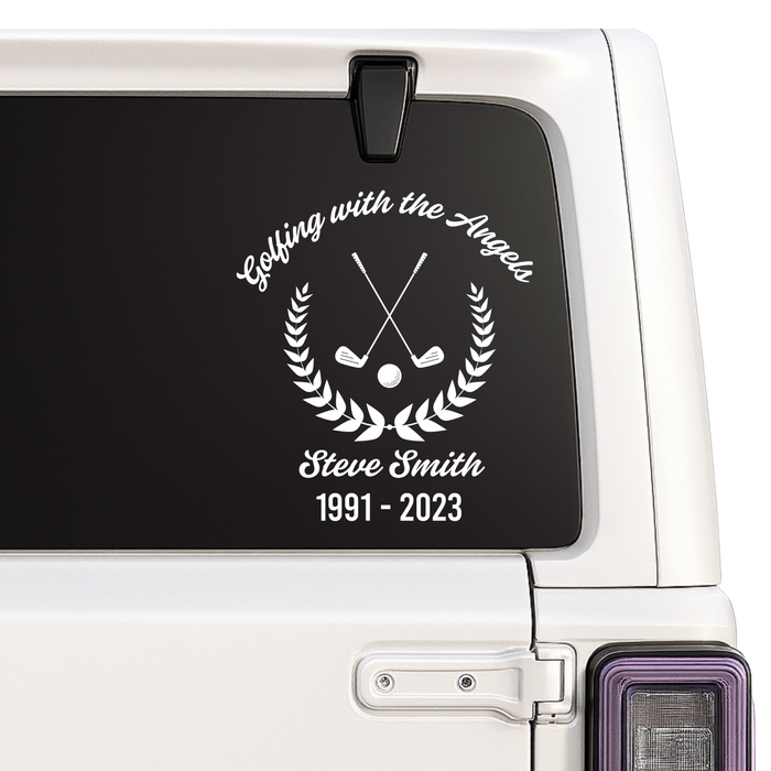 Golf Memorial Decal | Custom Name Commemorative Sticker | Golfing with Angels Design | Various Sizes and Colors Available | Memorial Car Decal Nostalgi Factory