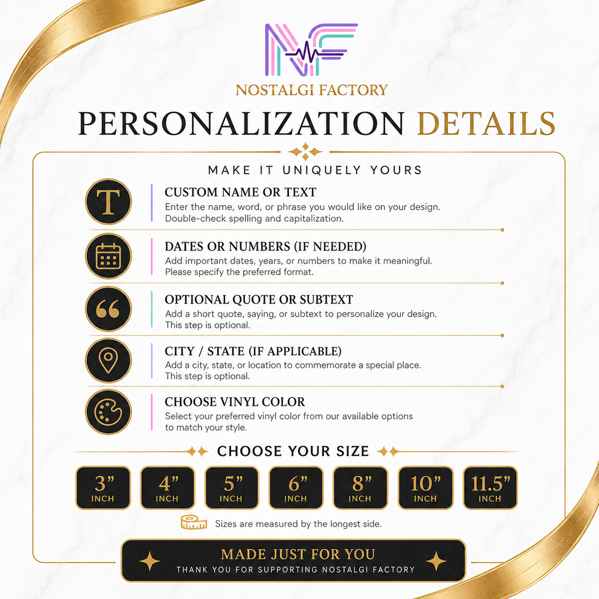 Nostalgi Factory personalization details flyer with customizable options on a white background.