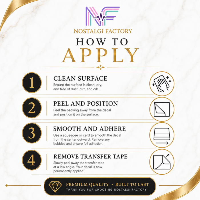 Nostalgi Factory decal application guide with steps and icons on a white background