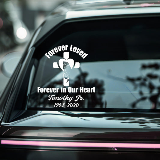 Praying Hands Memorial Car Decal | Forever Loved Cross Design | Customizable Vinyl Sticker |Multiple Colors Available - Nostalgi Factory