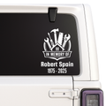 Handyman Memorial decal with tools and text on a vehicle window