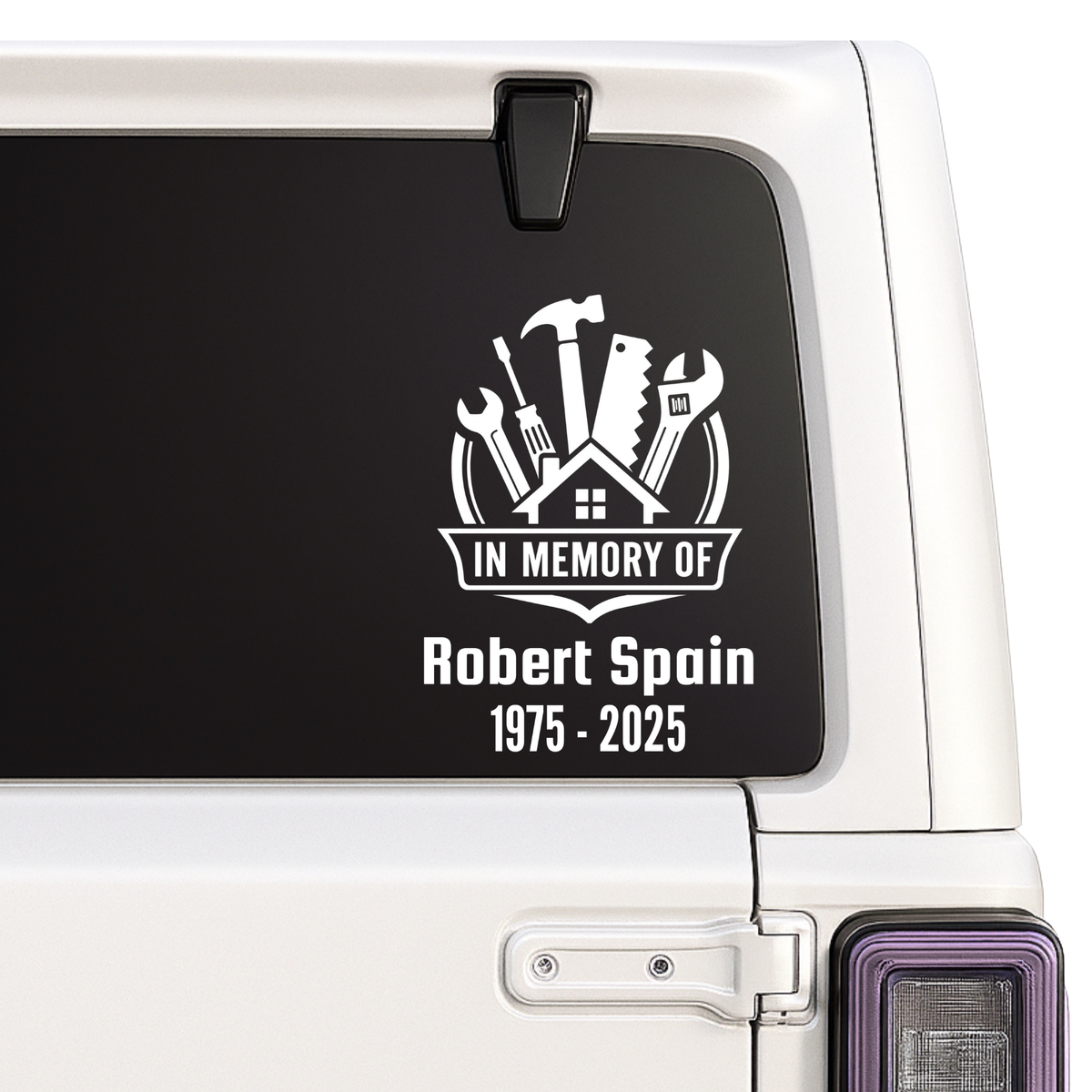 Handyman Memorial decal with tools and text on a vehicle window
