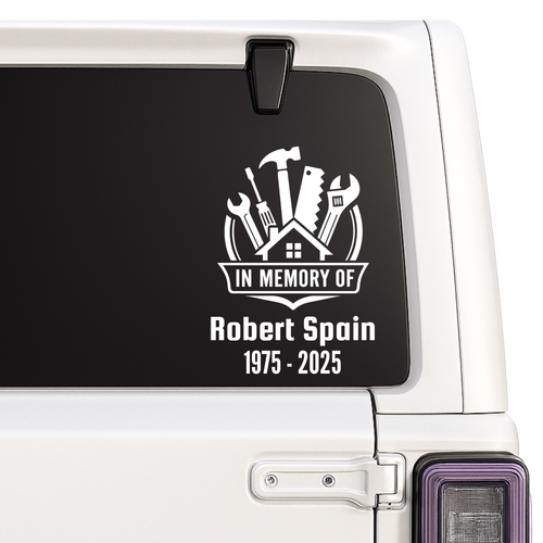 Handyman Memorial decal with tools and text on a vehicle window