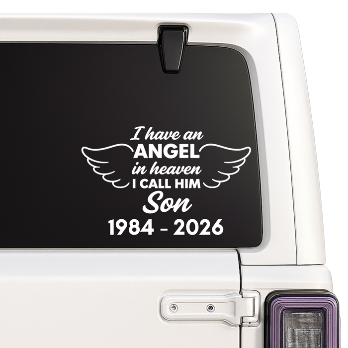 Son Memorial decal with text on a car window, featuring wings.