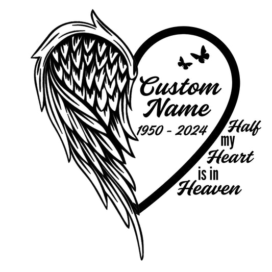 Memorial Angel Wing Heart Car Decal | Customizable Vinyl Sticker | 'Half My Heart is in Heaven' Design | Multiple Colors - Nostalgi Factory