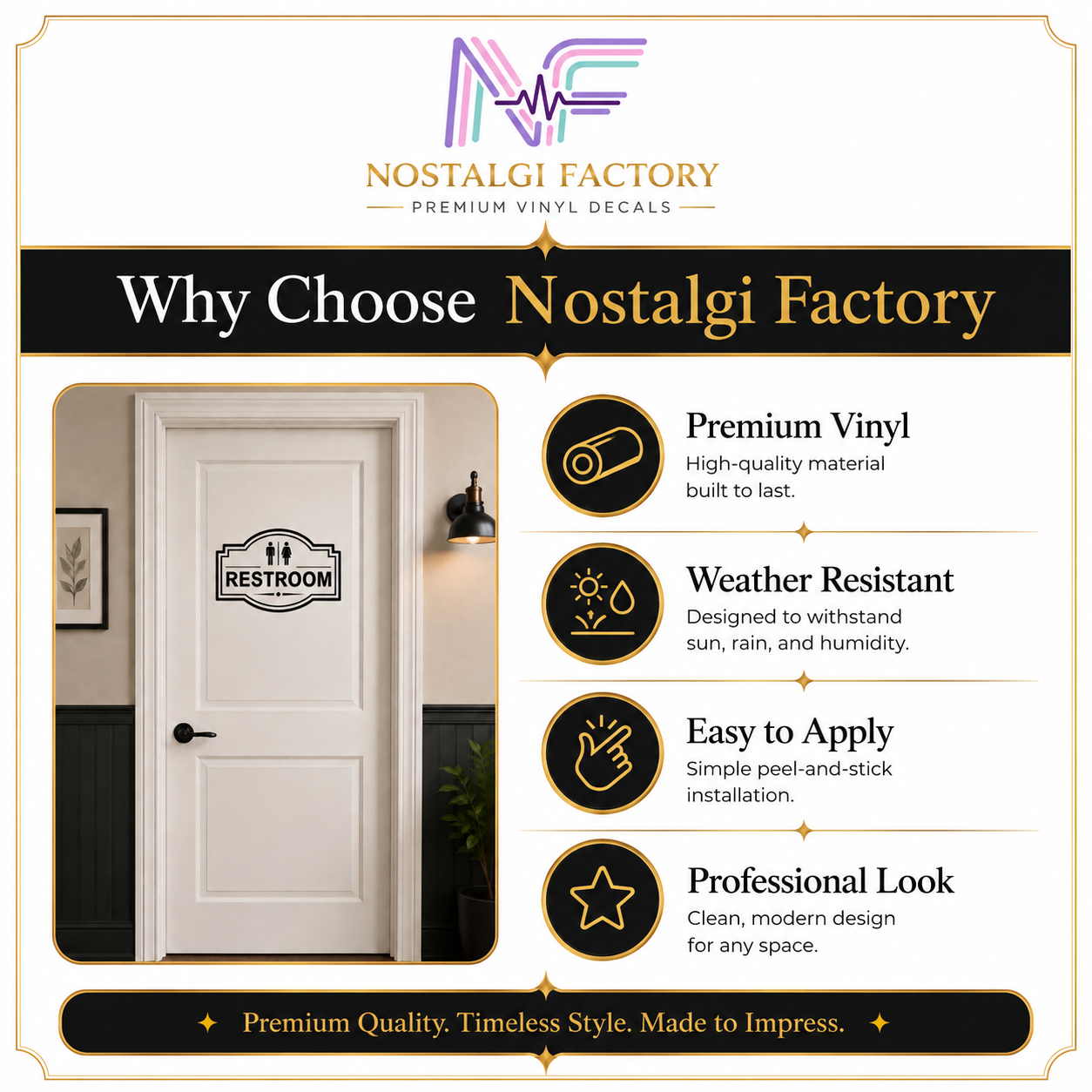 Elegant Vinyl Restroom Door Sign | Black with Decorative Border | Multiple Colors and Sizes Available | Bathroom Decals Sticker Nostalgi Factory