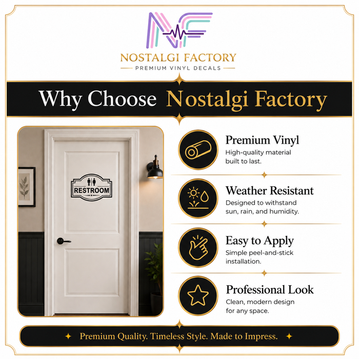 Elegant Vinyl Restroom Door Sign | Black with Decorative Border | Multiple Colors and Sizes Available | Bathroom Decals Sticker Nostalgi Factory