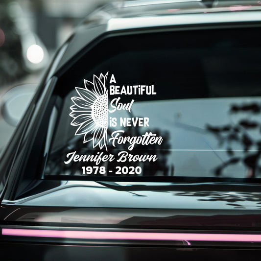 Memorial Car Decal, Sunflower Design with Custom Name and Dates, Permanent Vinyl Window Sticker, 5 Color Options - Nostalgi Factory