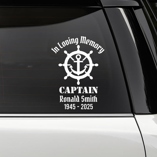 In Memory Captain Memorial Decal | Ship Wheel Anchor Design | Customizable Vinyl Car Sticker | 5 Color Options - Nostalgi Factory