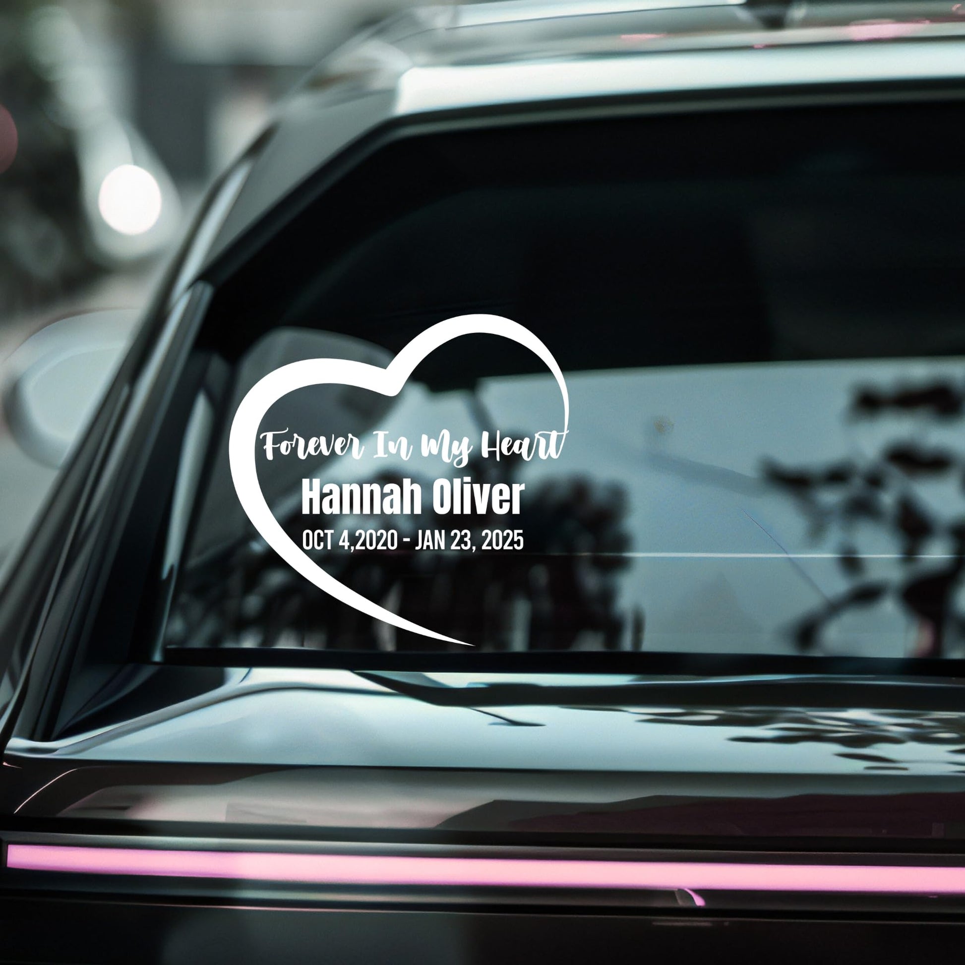Custom Memorial Car Decal | Forever In My Heart Design | Personalized Vinyl Sticker with Dates | 5 Color Options - Nostalgi Factory