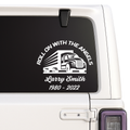 Window decal with truck graphic and text on a vehicle