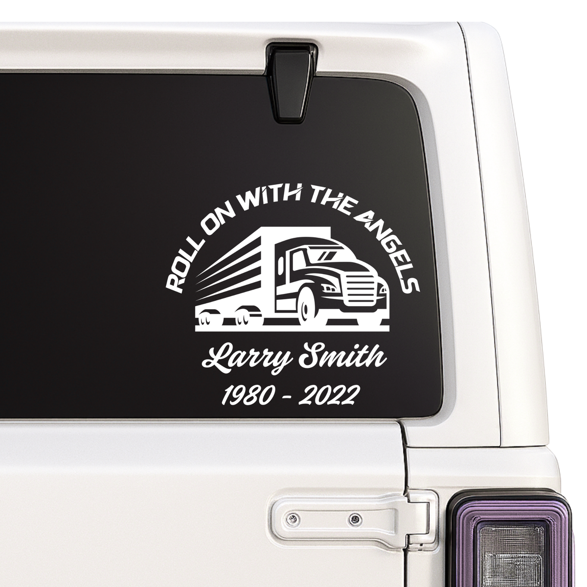 Window decal with truck graphic and text on a vehicle