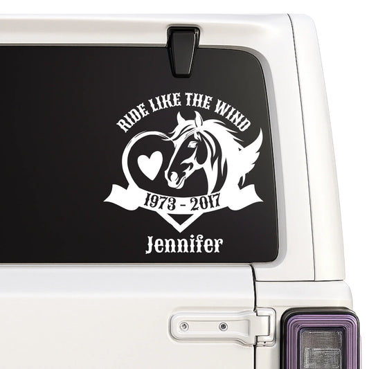 Custom Horse Memorial Vinyl Decal | Ride | Wind | Permanent Adhesive Sticker with Heart Design | Multiple Colors Generic