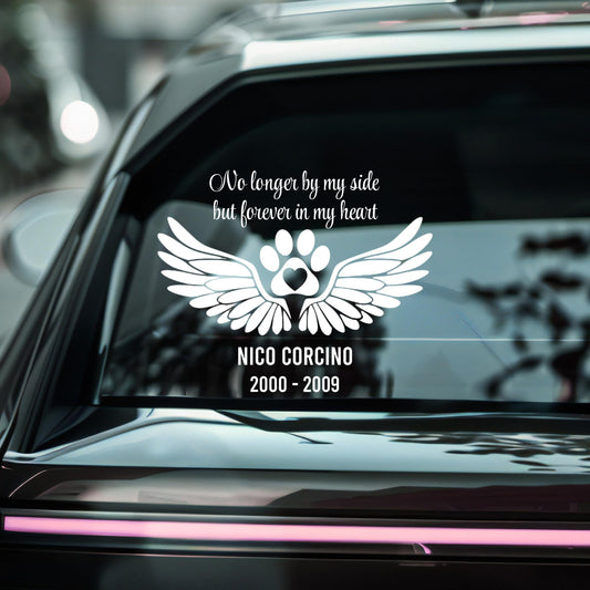 Pet Memorial Car Decal | Wings and Paw Print Design | Customizable Name and Date | Permanent Vinyl Sticker | 5 Color Options - Nostalgi Factory