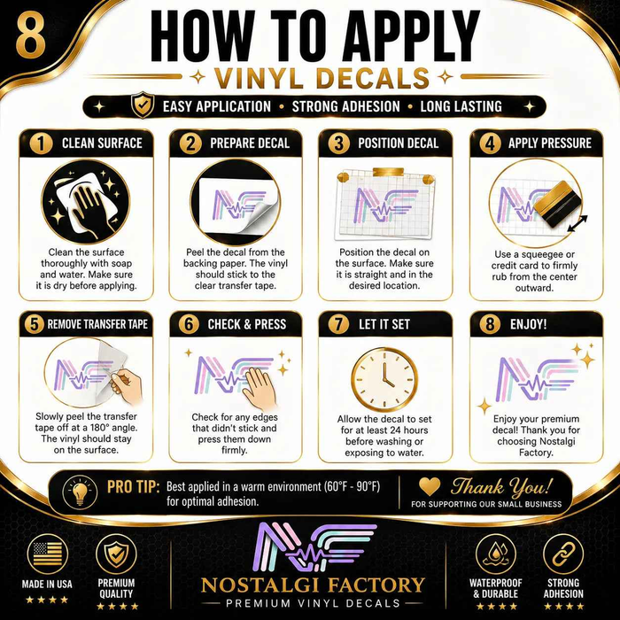 Step-by-step guide on how to apply vinyl decals with Nostalgia Factory branding.