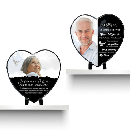 Personalized Memorial Heart Photo Slate | 2 designs | 7.87 x 7.87 inches | Natural Rock with Display Stand Included - Nostalgi Factory