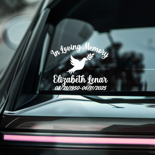 Personalized Loving Memory Car Decal | Custom Memorial Dove Sticker with Name & Dates | Permanent Vinyl | 5 Color Option - Nostalgi Factory