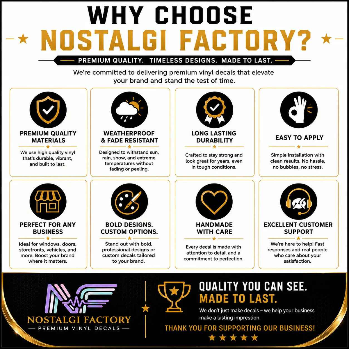 Promotional graphic for Nostalgia Factory vinyl decals highlighting their features.