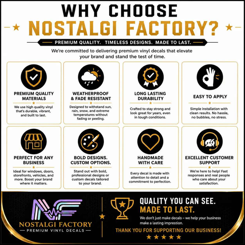 Promotional graphic for Nostalgia Factory vinyl decals highlighting their features.
