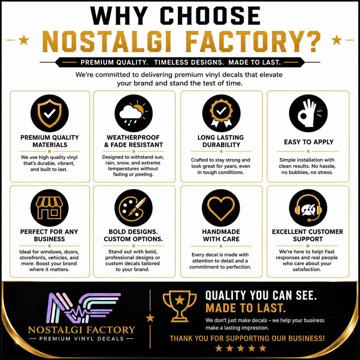 Promotional graphic for Nostalgia Factory vinyl decals highlighting their features.