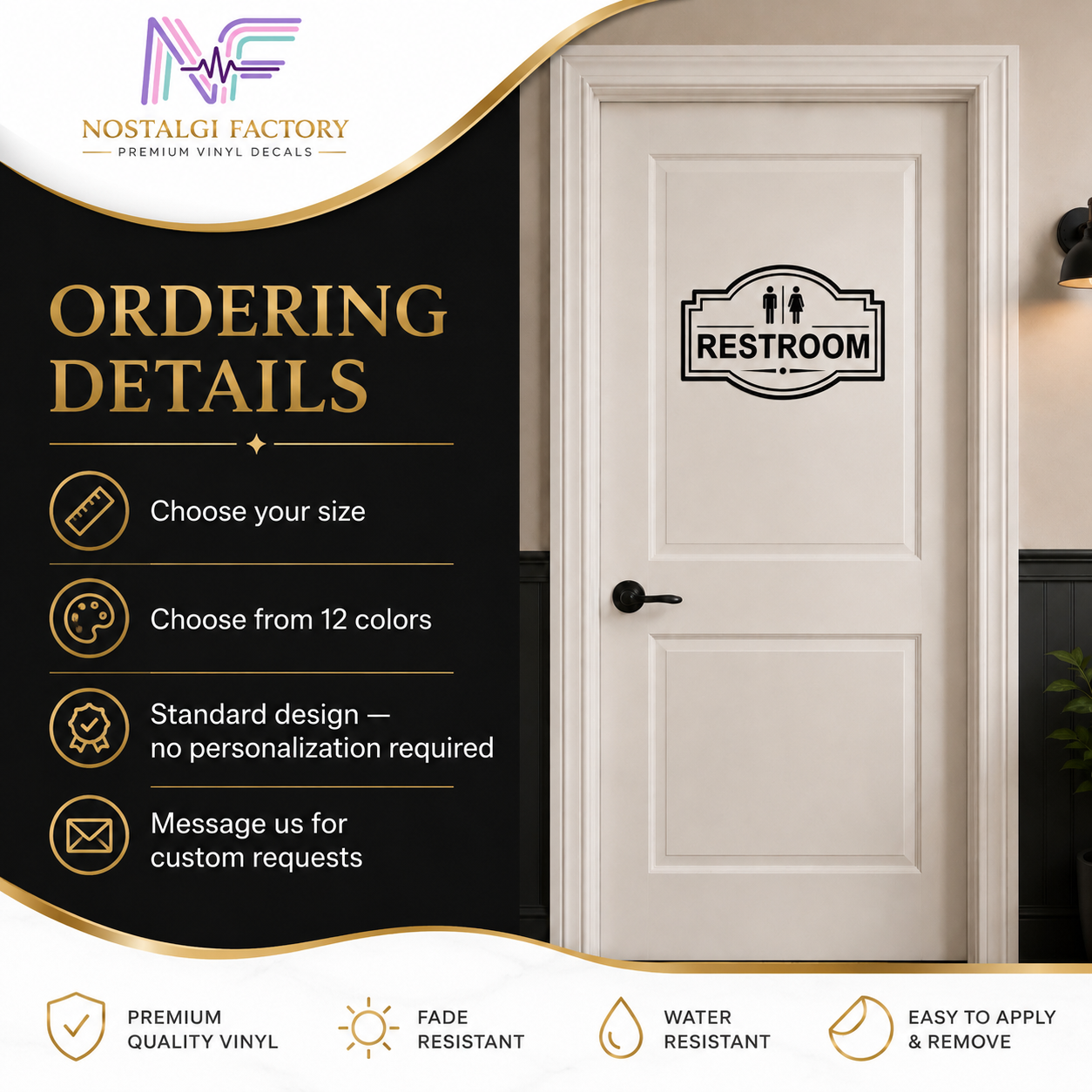 Elegant Vinyl Restroom Door Sign | Black with Decorative Border | Multiple Colors and Sizes Available | Bathroom Decals Sticker Nostalgi Factory