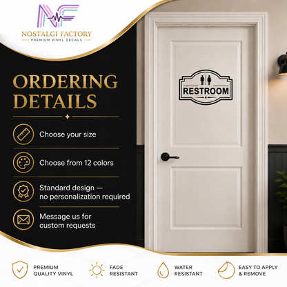 Elegant Vinyl Restroom Door Sign | Black with Decorative Border | Multiple Colors and Sizes Available | Bathroom Decals Sticker Nostalgi Factory