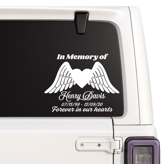 Custom Memorial | In Memory Of Car Decal | Heart with Angel Wings Design | Vinyl Sticker Nostalgi Factory