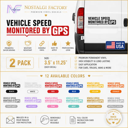 Vehicle Speed Monitored by GPS Vinyl Decal Sticker | 2-Pack | Nostalgi Factory