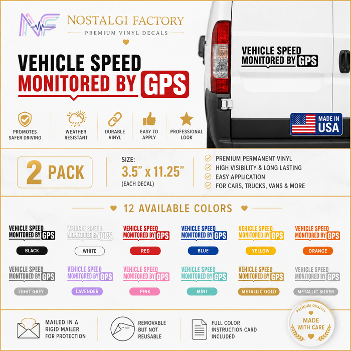Nostalgi Factory vehicle speed monitoring decal advertisement with product details.
