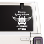 Trucker Memorial Decal - Driving the Highways in Heaven - Custom Name | Memorial Car Decal Nostalgi Factory