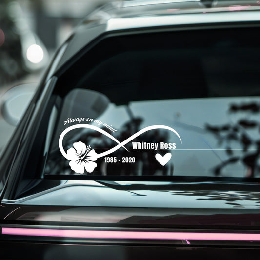 Memorial Car Decal | Infinity Design with Hibiscus Flower | Customizable Name | Permanent Vinyl Sticker - Nostalgi Factory